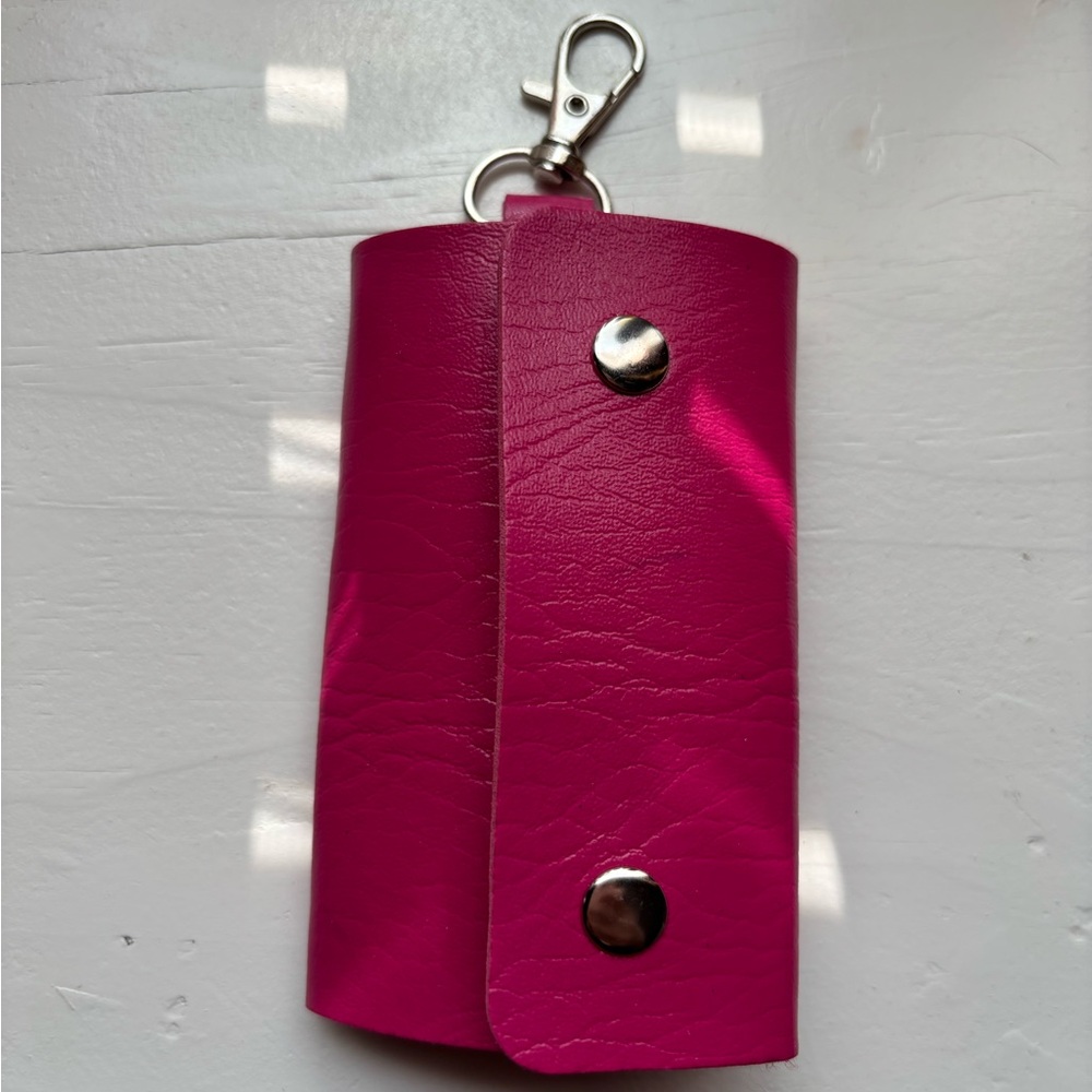 Pink Leather Key Holder With Silver Accents